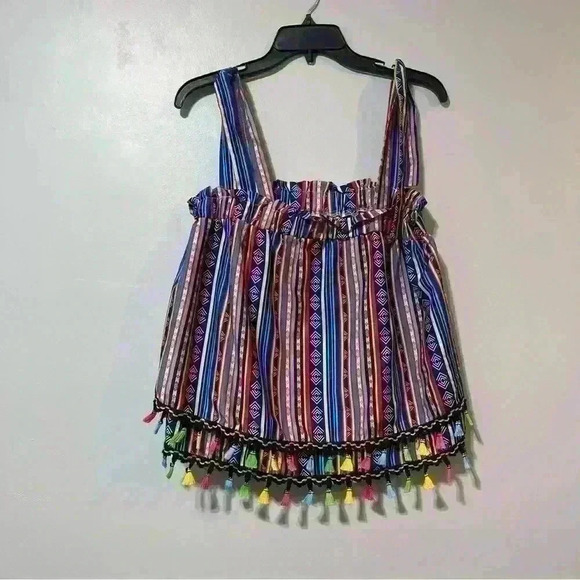 Shein Striped Print Fringe Trim Tie Shoulder Wide Strap Top Multicolor Size S - Picture 4 of 9